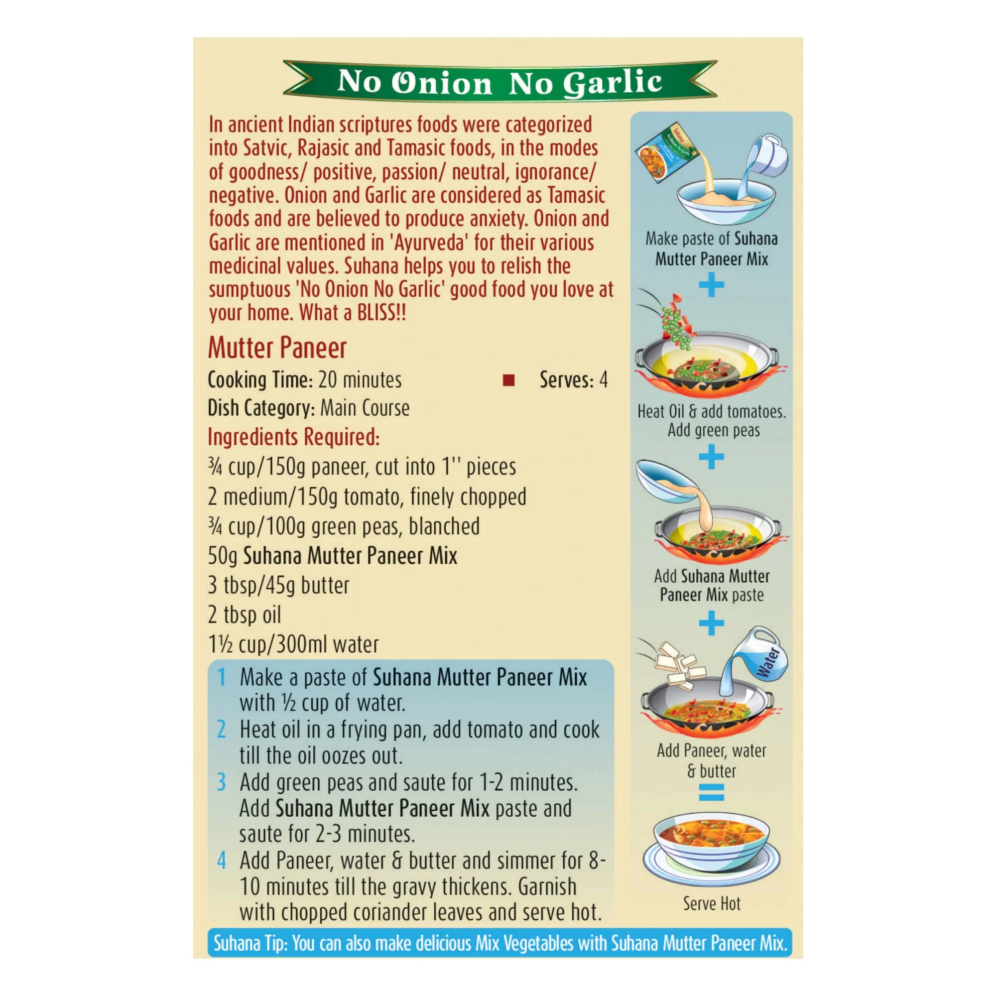 Suhana Mutter Paneer No Onion No Garlic Spice Mix Pouch - Image 4