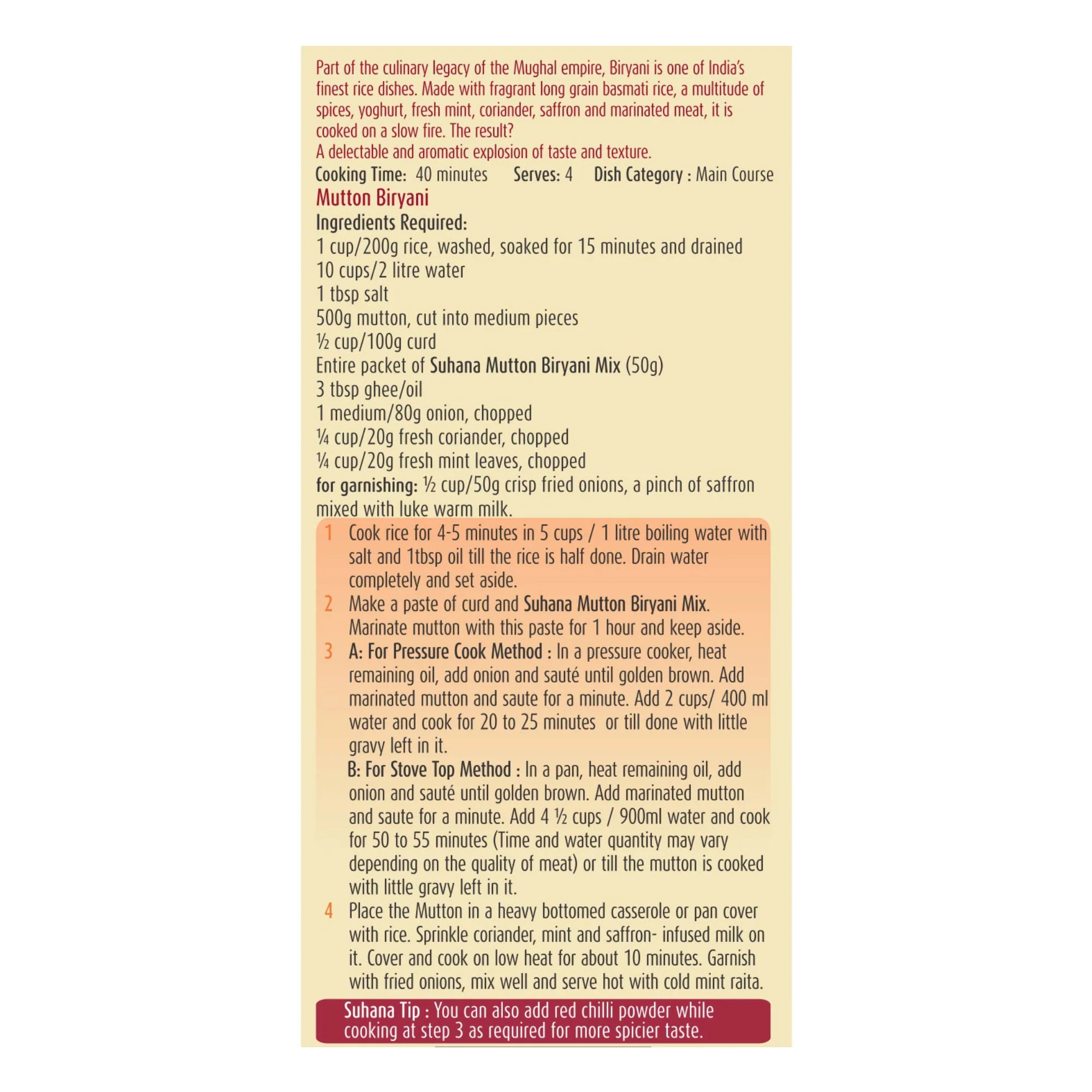 Suhana Mutton Biryani Masala Spice Mix 50g Pouch - Image 4