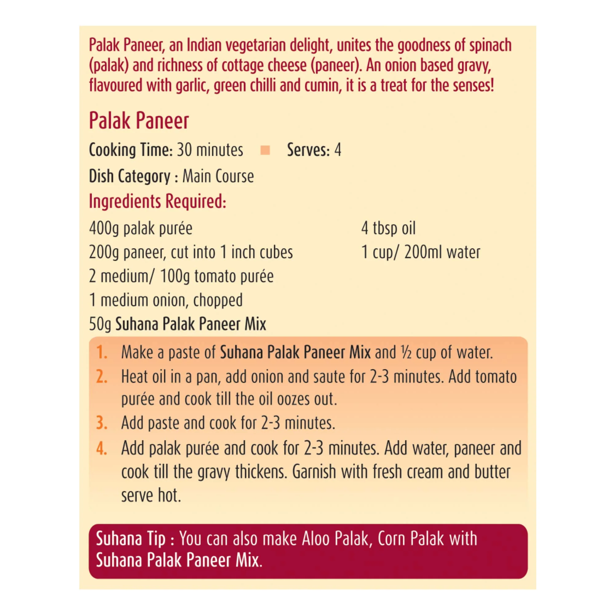 Suhana Palak Paneer Masala Spice Mix 50g Pouch - Image 4